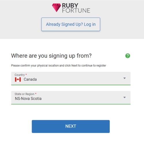 Ruby Fortune Registration Choose Location